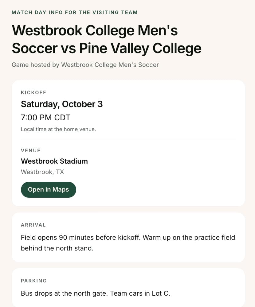 Match day page for the visiting team with kickoff, venue, arrival and parking