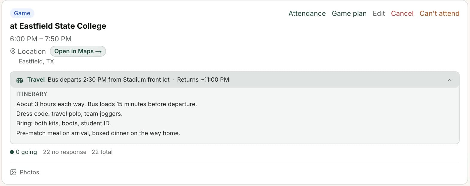 Away game with the departure, return and itinerary
